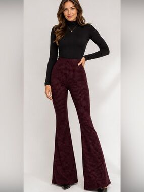 Lou & Grey Burgundy and Black Plaid High-Rise Flare Pants